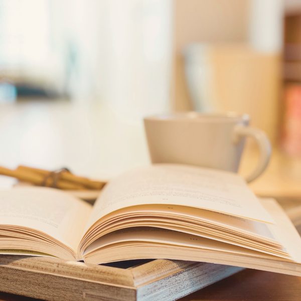 Aufgeschlagenes Buch, Tasse und Zimtstangen
